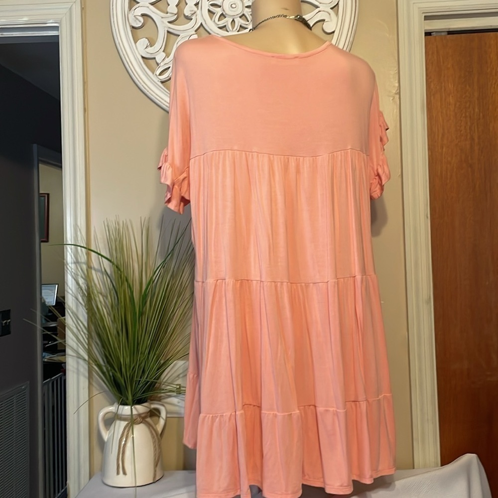 Charlotte Avery womens dress Large peach tiered mini stretch solid short sleeve - Picture 5 of 7